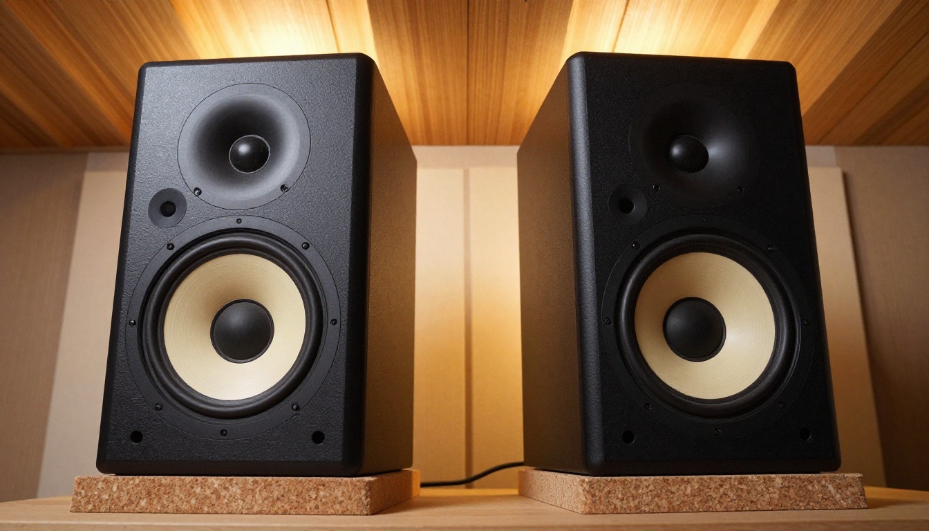 Studio monitor speakers from low angle