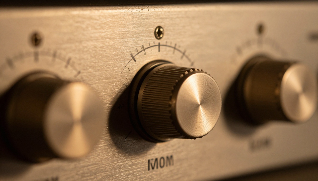 Extreme close-up of vintage studio EQ hardware knobs with raking tungsten sidelight Extreme close-up of vintage studio EQ hardware knobs with raking tungsten sidelight