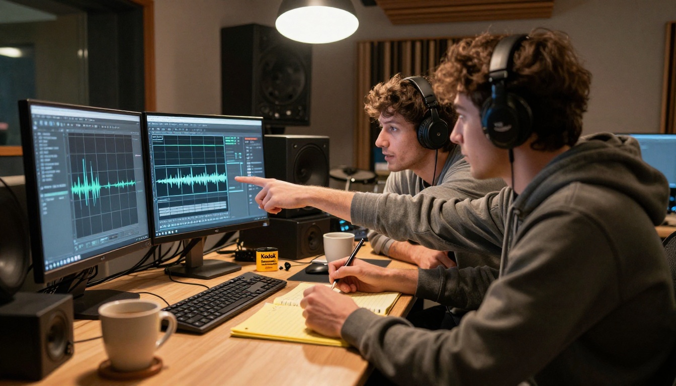 Two music producers collaborating at a studio workstation with coffee cups and a legal pad Two music producers collaborating at a studio workstation with coffee cups and a legal pad