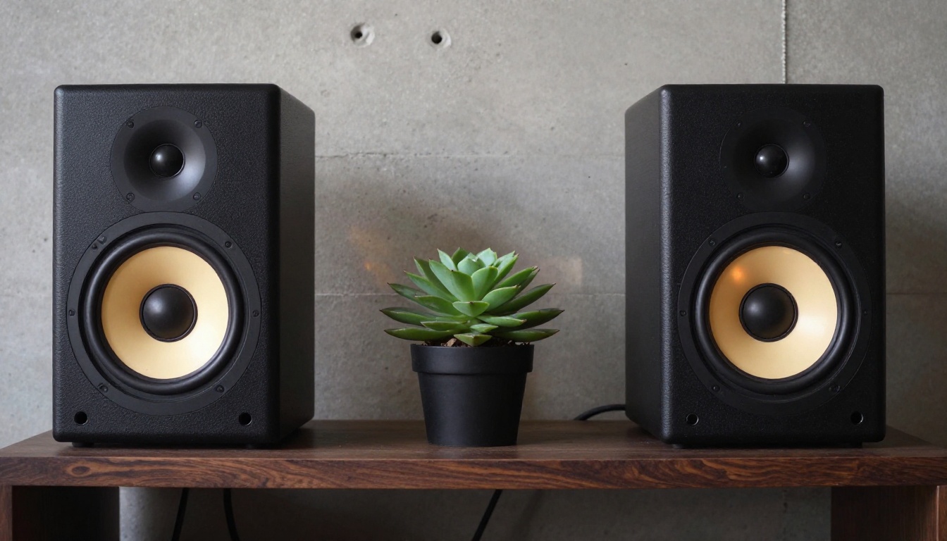 Studio reference monitor speakers on a walnut shelf with a jade succulent between them Studio reference monitor speakers on a walnut shelf with a jade succulent between them