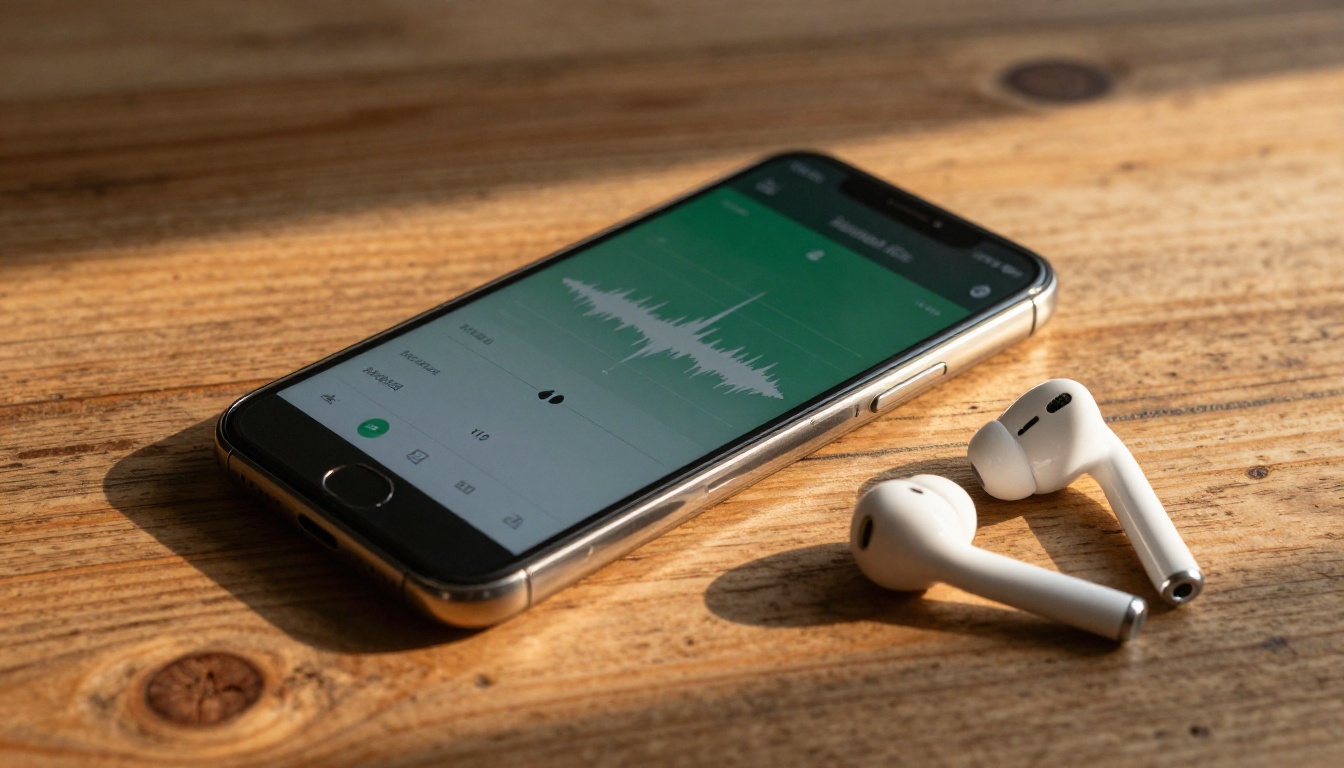 Smartphone resting on a wooden table showing an AI audio interface with earbuds nearby Smartphone resting on a wooden table showing an AI audio interface with earbuds nearby