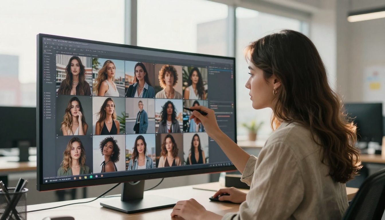 Creative professional reviewing AI content on monitor Creative professional reviewing AI content on monitor