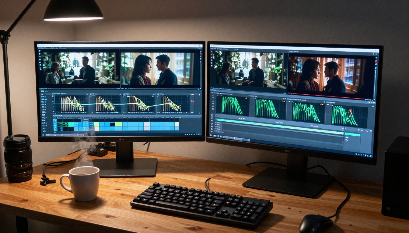 Dual-monitor video editor workstation with cinematic frame sequences on screen Dual-monitor video editor workstation with cinematic frame sequences on screen
