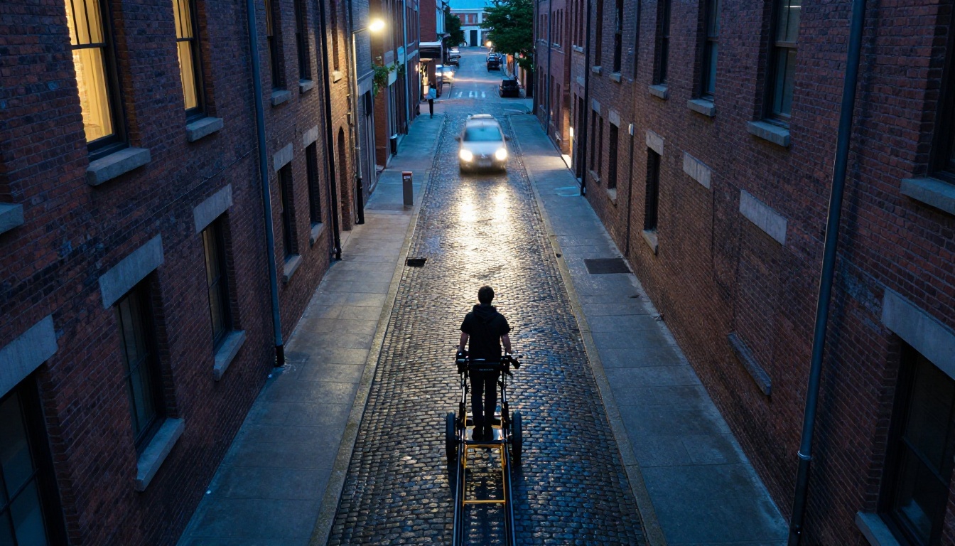 Camera dolly operator tracking a subject through a wet cobblestone alley at blue hour Camera dolly operator tracking a subject through a wet cobblestone alley at blue hour