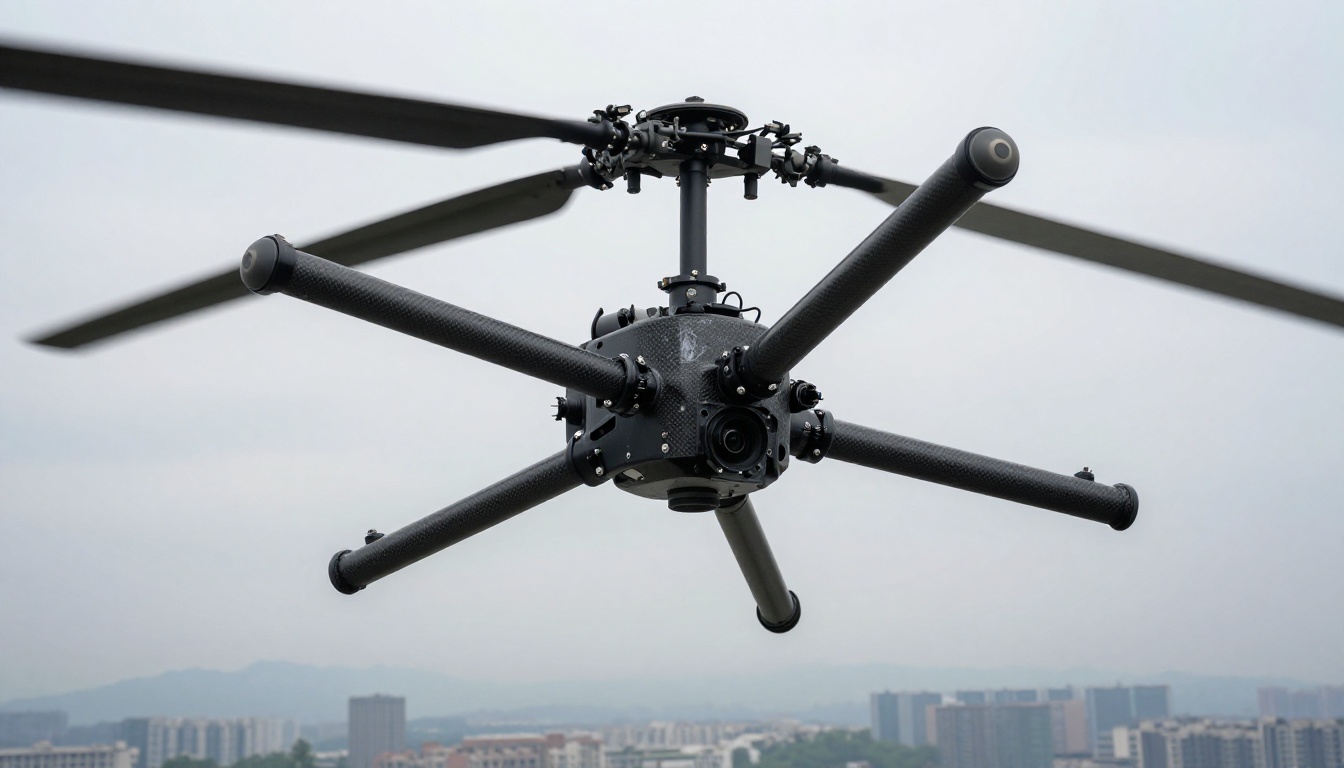 Helicopter-mounted camera gimbal shot from low angle against an overcast sky Helicopter-mounted camera gimbal shot from low angle against an overcast sky