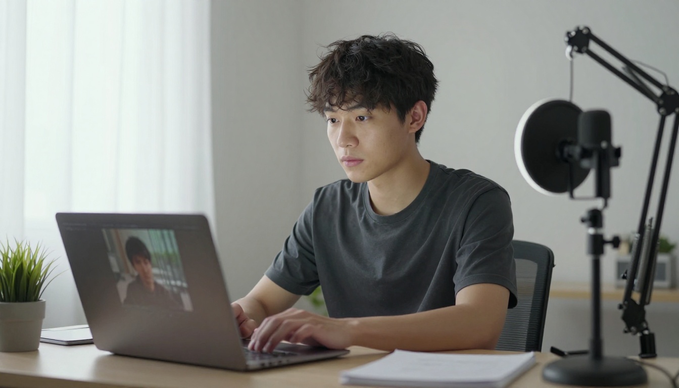 Content creator generating cinematic AI video at a minimalist home studio desk Content creator generating cinematic AI video at a minimalist home studio desk