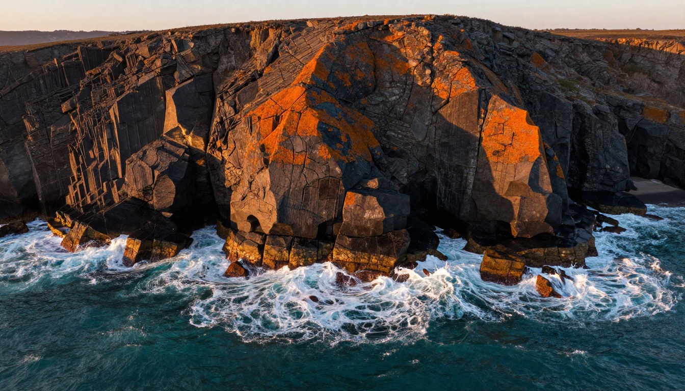 Aerial drone view of basalt coastal cliffs at golden hour