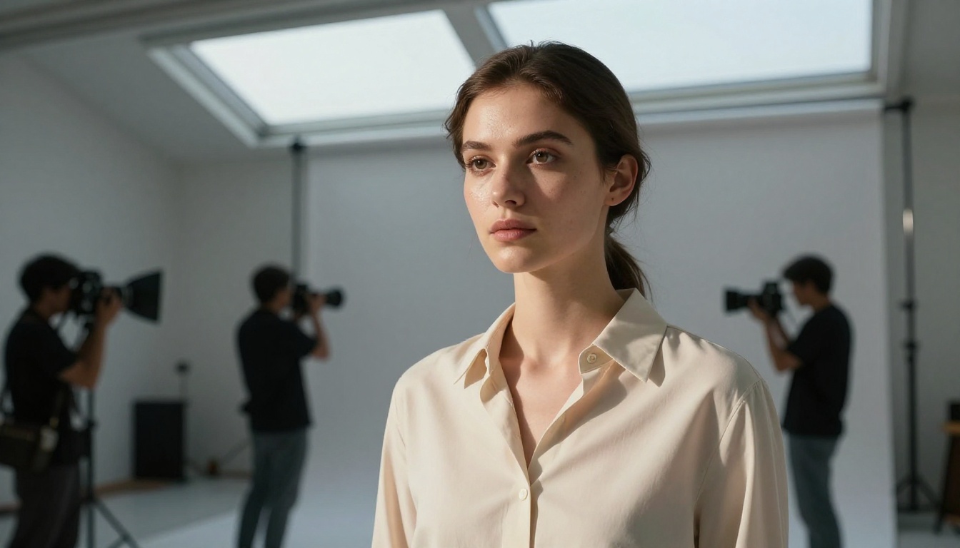 Photography studio interior with natural skylight during active shoot