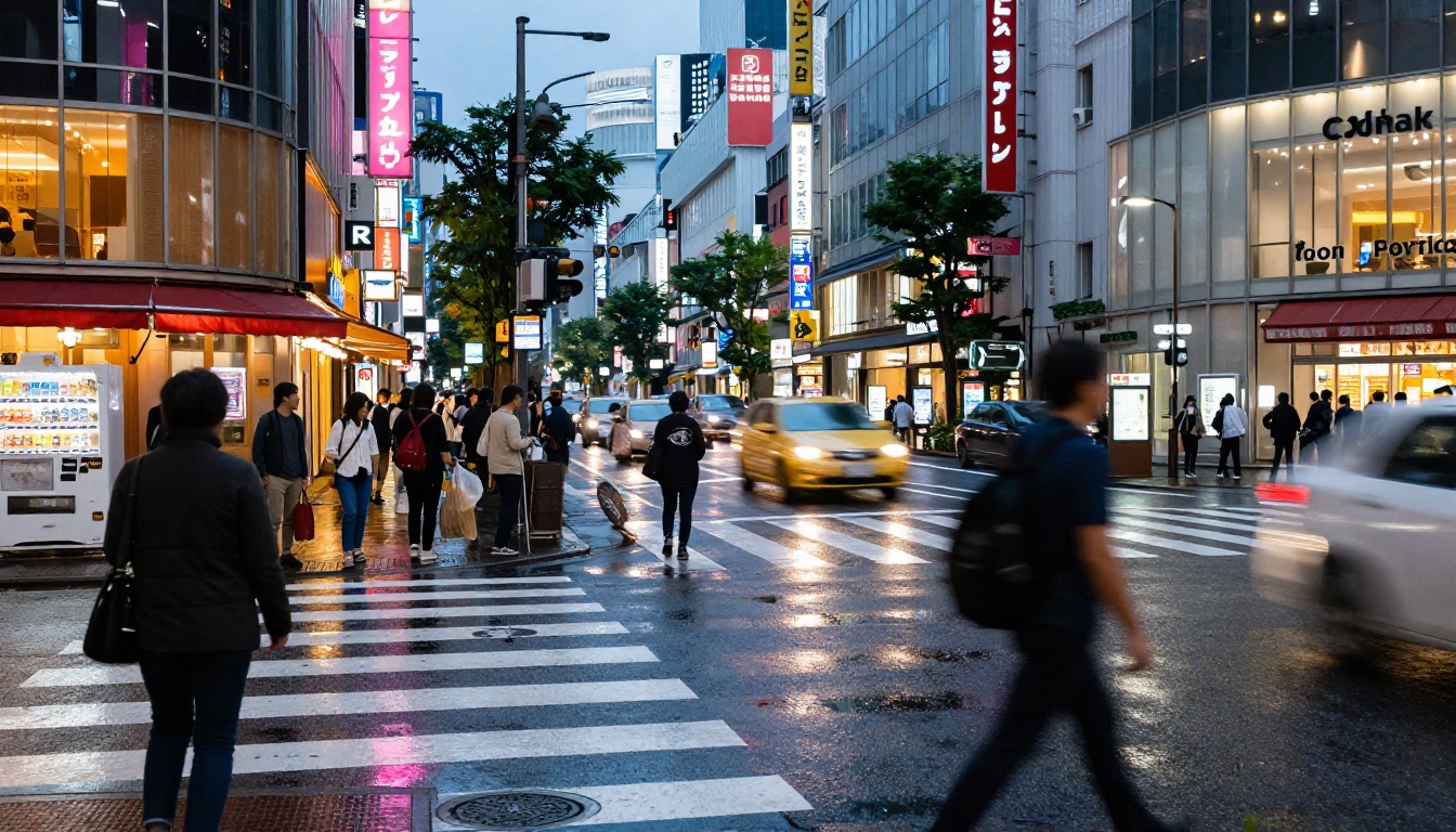 Tokyo street intersection at blue hour with motion blur from passing traffic