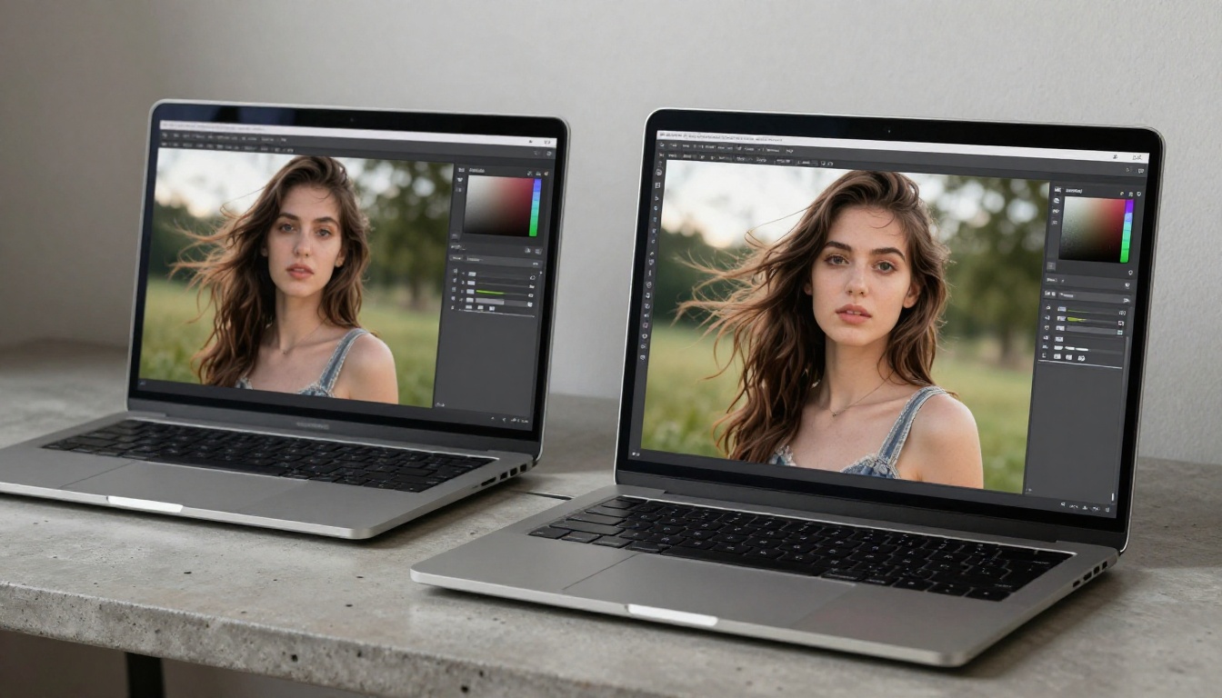Two laptops side by side comparing static portrait photo versus AI-animated output