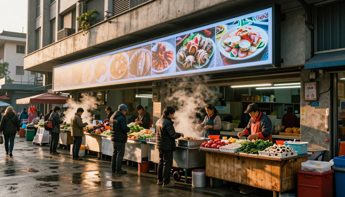 Busy Asian market at dawn with a digital display showing a frozen street photograph above it Busy Asian market at dawn with a digital display showing a frozen street photograph above it