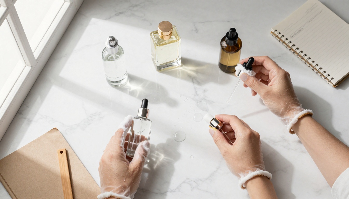 Product photographer arranging skincare bottles on marble surface for commercial video shoot Product photographer arranging skincare bottles on marble surface for commercial video shoot