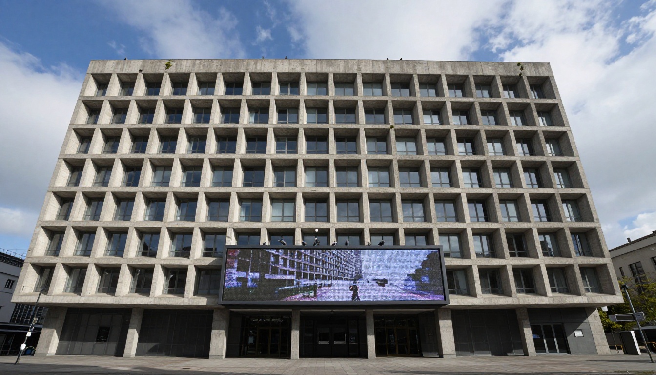 Low-angle brutalist architectural facade with an animated display showing photo-to-video output Low-angle brutalist architectural facade with an animated display showing photo-to-video output