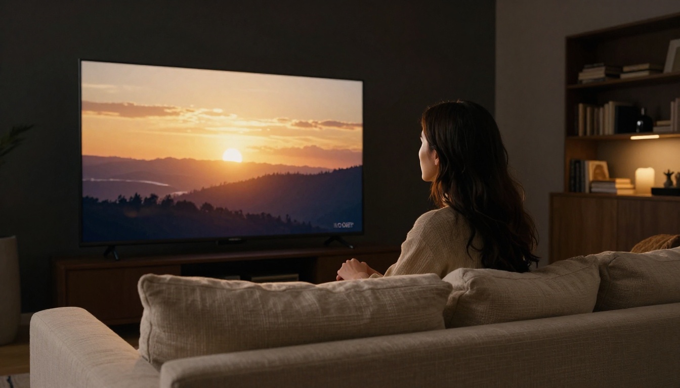 Woman watching cinematic 4K content on a large OLED television in a dark living room