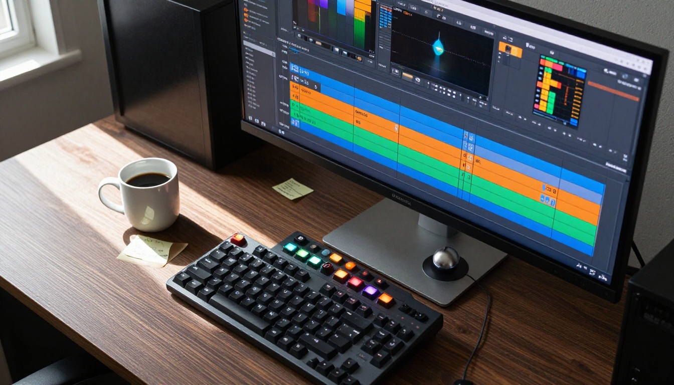 Overhead view of a professional video editor's workstation with color-coded timeline and grading hardware