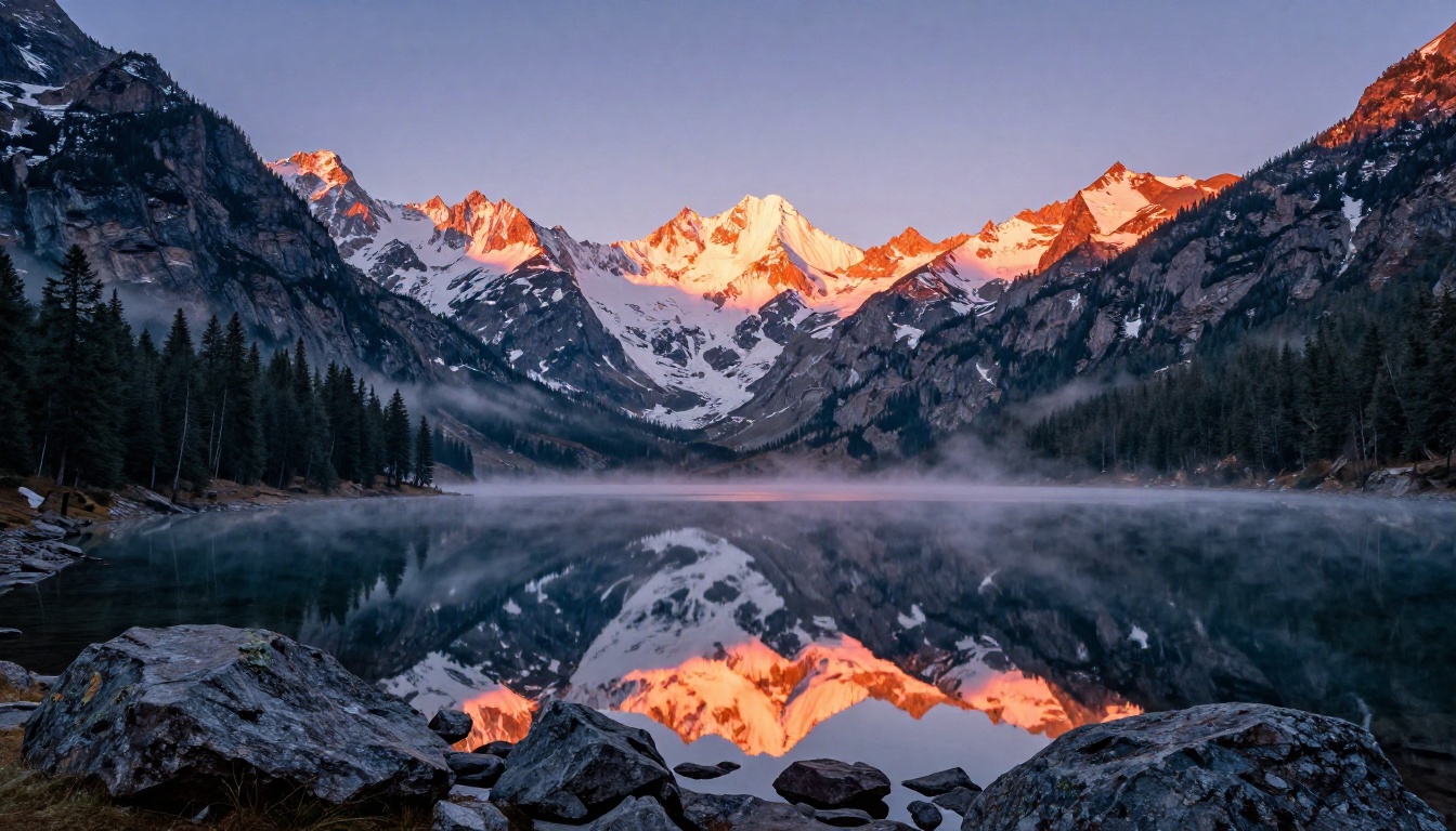 Wide cinematic landscape of snow-capped mountains at dawn with alpine lake reflections