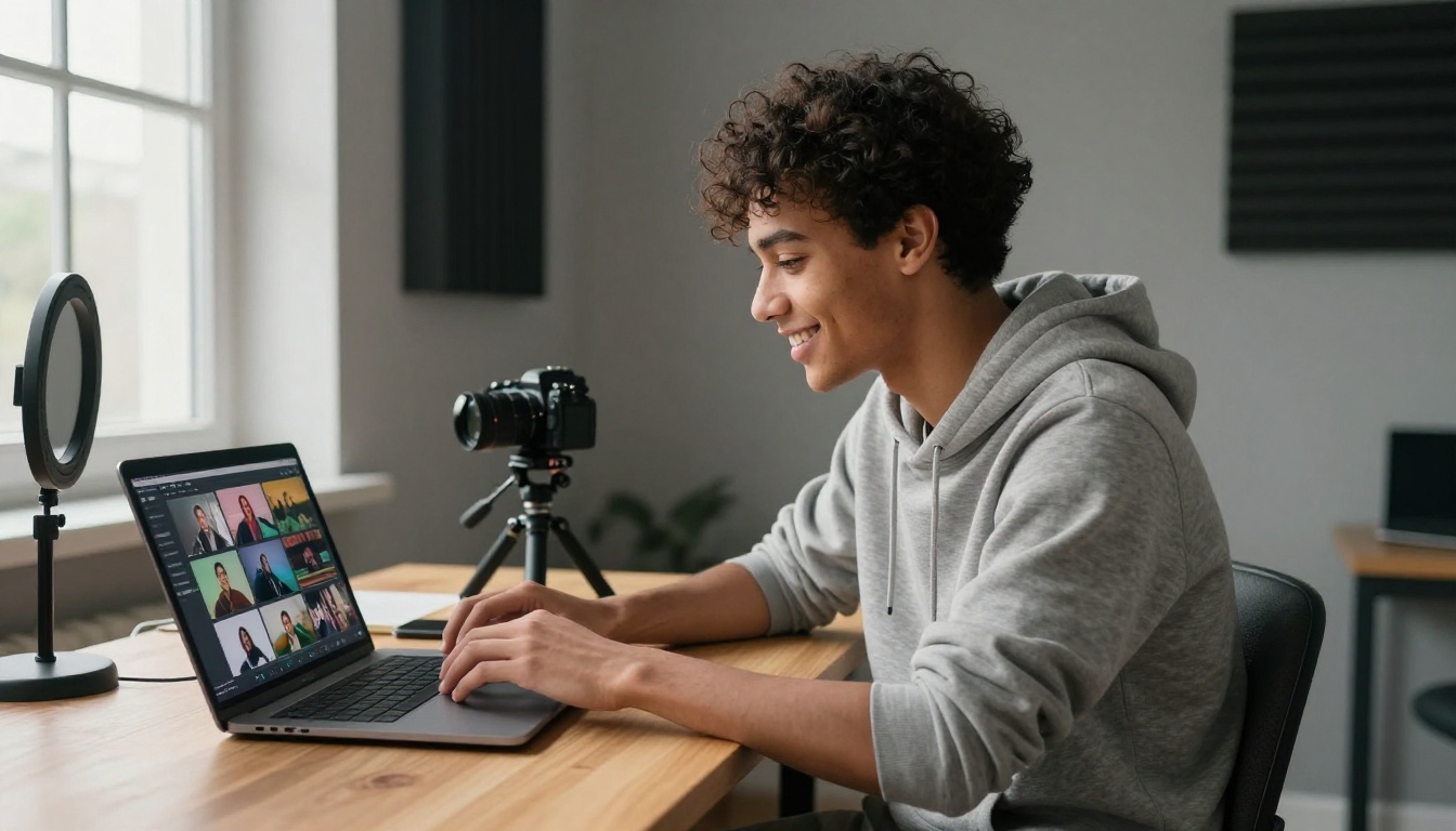 Young content creator reviewing AI video generation results on a laptop in a home studio setup