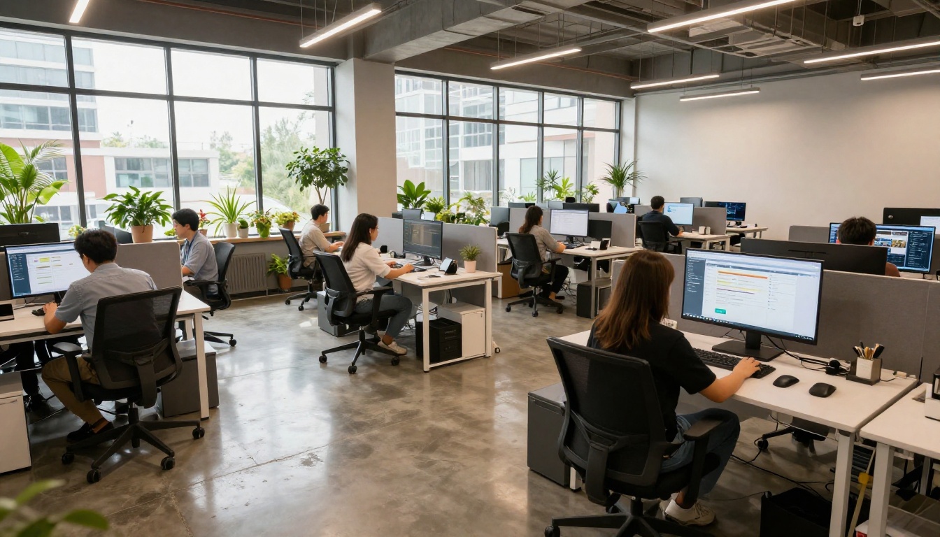 Open-plan digital marketing agency office with team working on video campaigns Open-plan digital marketing agency office with team working on video campaigns