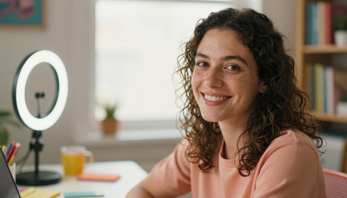 Freelance content creator smiling at ergonomic desk with ring light setup Freelance content creator smiling at ergonomic desk with ring light setup