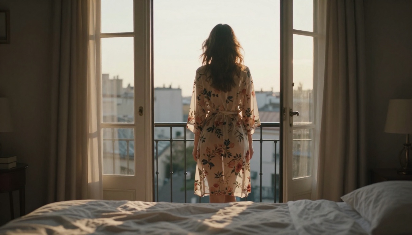 Woman backlit at balcony in warm morning light, floral robe