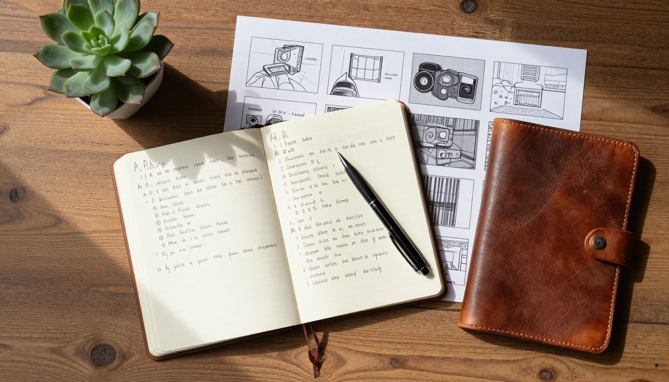 Overhead flat-lay of a filmmaker's desk with open notebook, printed storyboard sheets, leather-bound script, and succulent in warm morning light Overhead flat-lay of a filmmaker's desk with open notebook, printed storyboard sheets, leather-bound script, and succulent in warm morning light