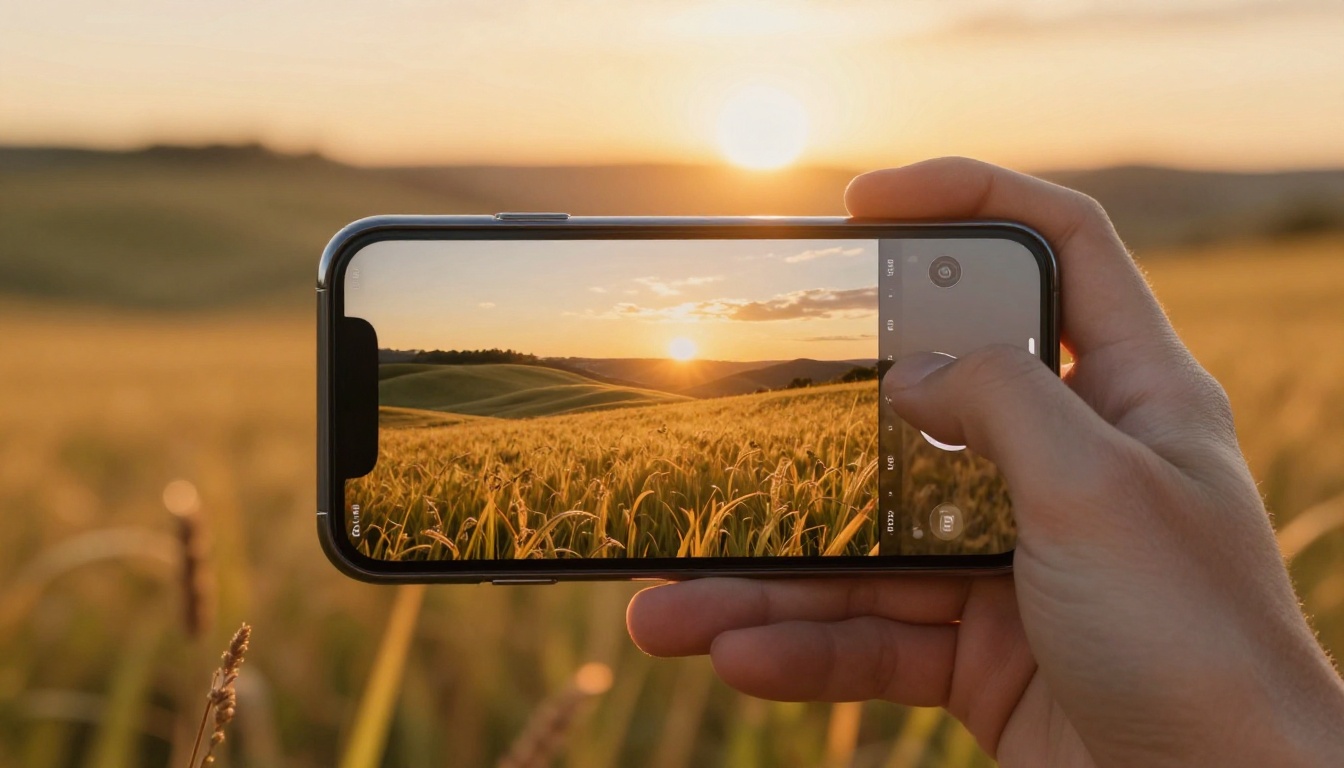 Hand holding a smartphone displaying an AI-generated golden meadow video at sunset, warm amber light streaming from behind with natural lens flare Hand holding a smartphone displaying an AI-generated golden meadow video at sunset, warm amber light streaming from behind with natural lens flare
