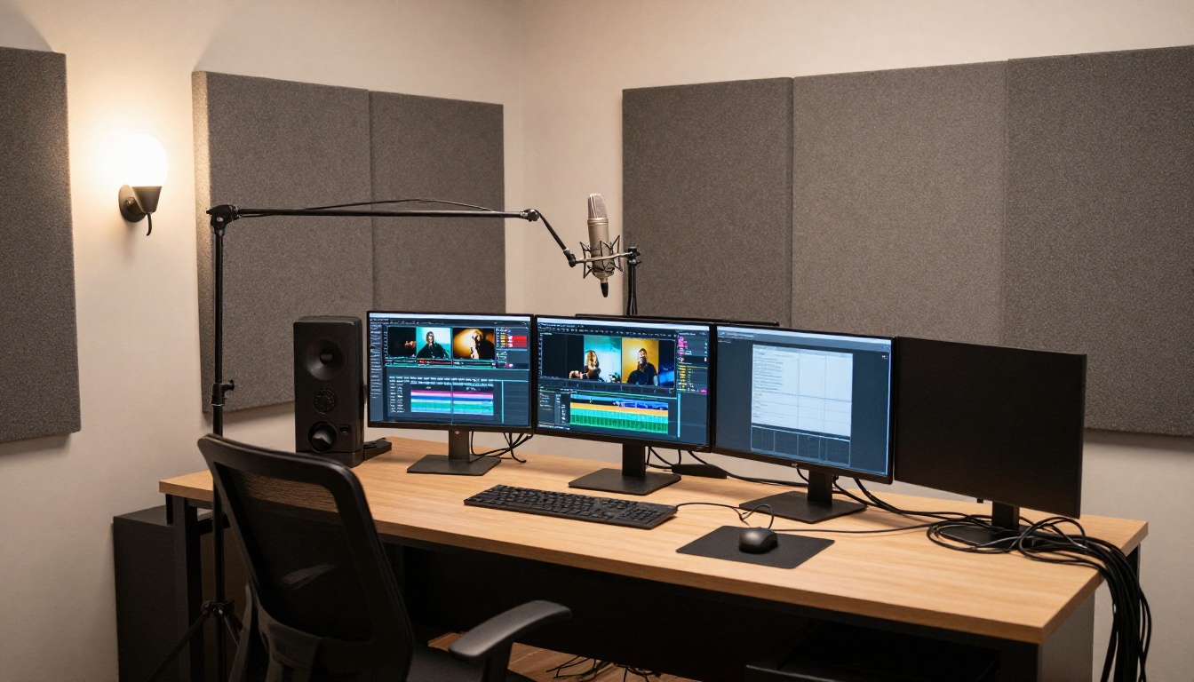 Wide shot of a modern home production studio with acoustic foam panels, condenser microphone, three monitors, and warm tungsten practical lighting Wide shot of a modern home production studio with acoustic foam panels, condenser microphone, three monitors, and warm tungsten practical lighting