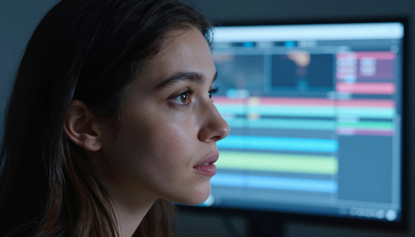 Close-up portrait of a woman illuminated by soft blue monitor glow in a dark studio, expressive eyes reflecting the colorful video timeline on screen Close-up portrait of a woman illuminated by soft blue monitor glow in a dark studio, expressive eyes reflecting the colorful video timeline on screen