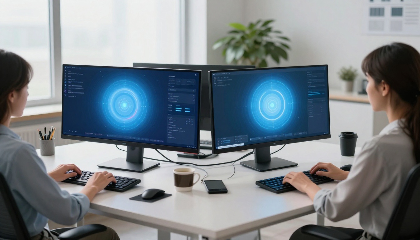 AI video generation interface on a monitor in a modern creative workspace, photorealistic