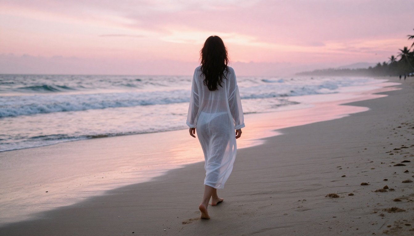 Woman in a sheer beach cover walking on a tropical beach at sunrise, travel editorial photography