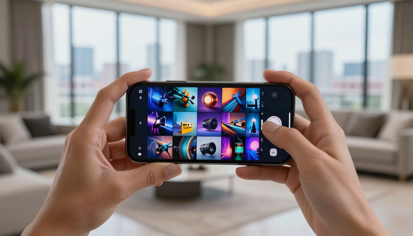 Close-up of hands holding a smartphone displaying AI-generated content thumbnails, lifestyle photography