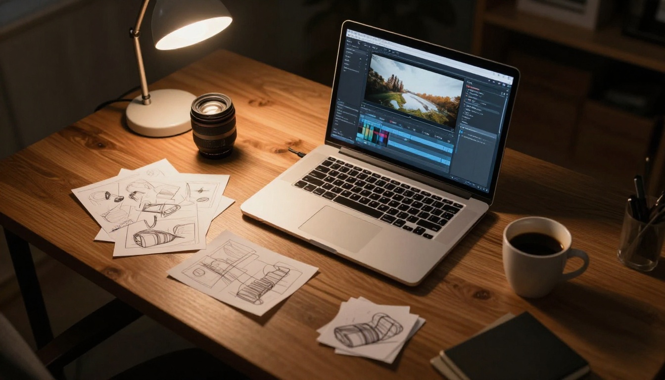 Creative director's desk with laptop showing video editing software, overhead flat lay photography