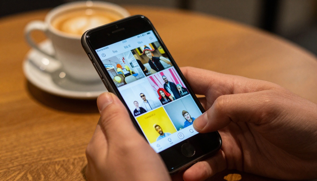 Man's hands holding smartphone displaying a vertical social media video feed at a café table