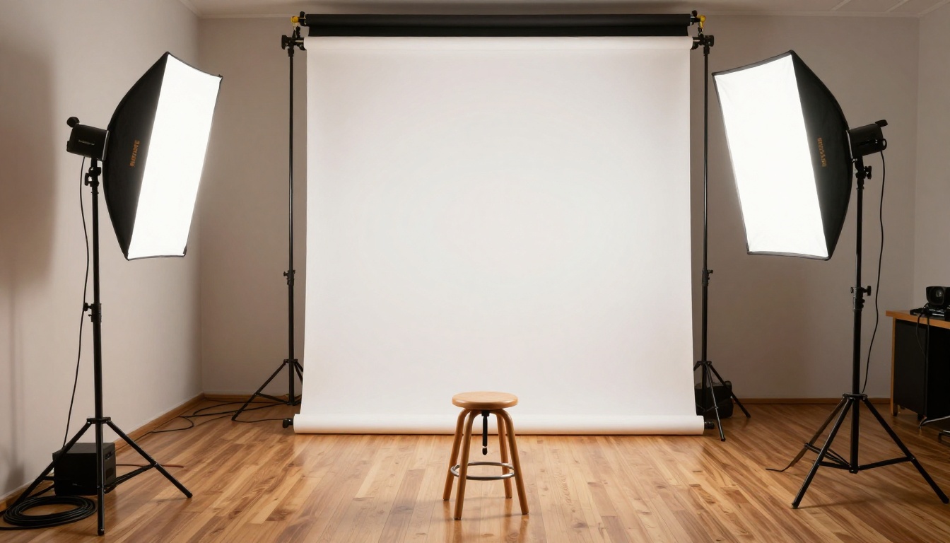 Professional video production studio with ring lights, softboxes, and camera on tripod