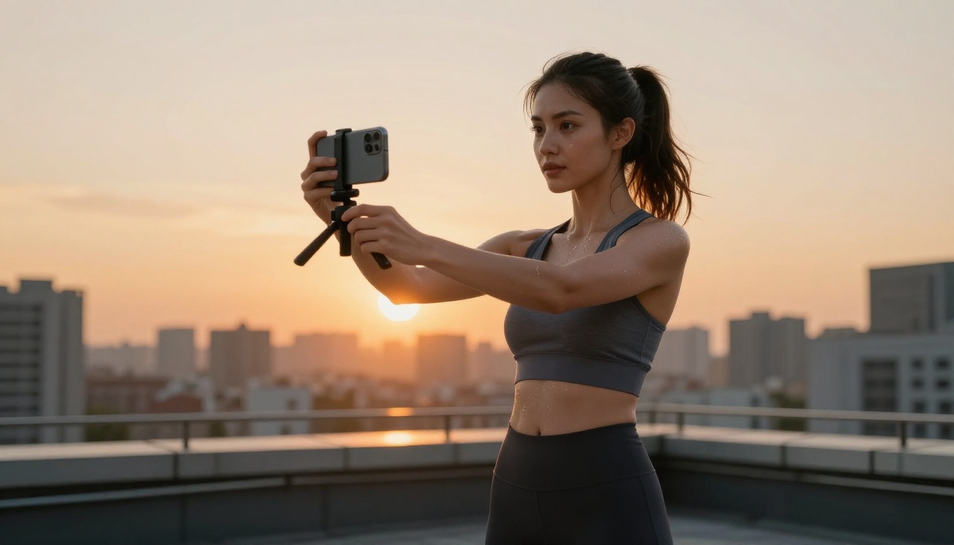 Young woman recording a workout Reels video on a rooftop terrace at golden hour with city skyline behind