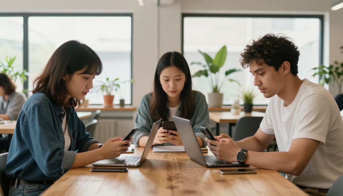 Diverse group of three young creatives in a bright co-working space with phones and laptops