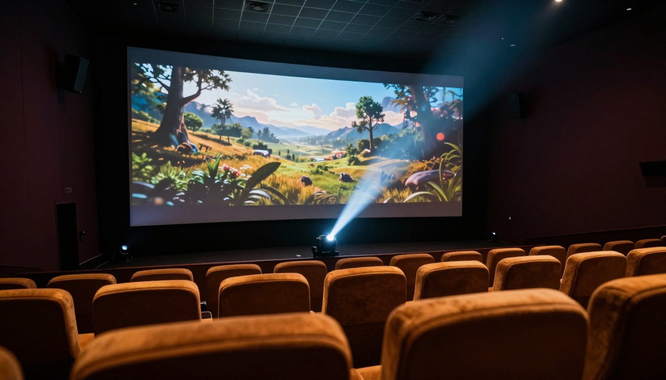 Large cinema screen showing an AI-generated film with a projector beam cutting through haze
