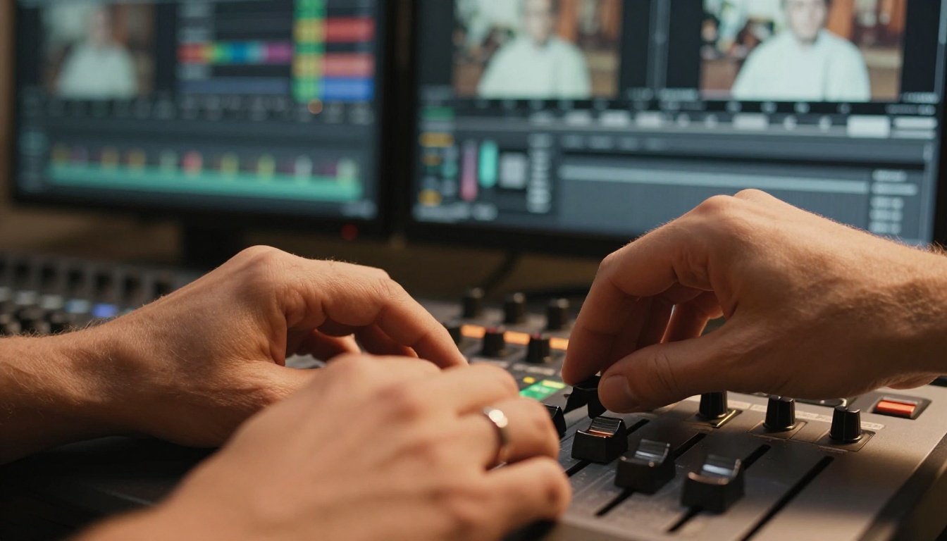 Professional video editor's hands on a color grading control surface with monitors in background