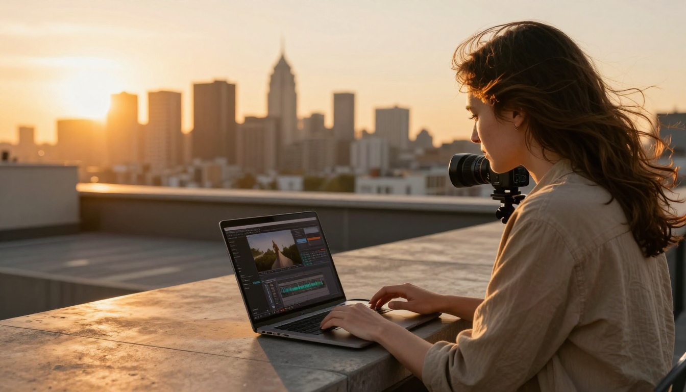 Videographer reviewing footage on a laptop on a rooftop at golden hour with city skyline behind