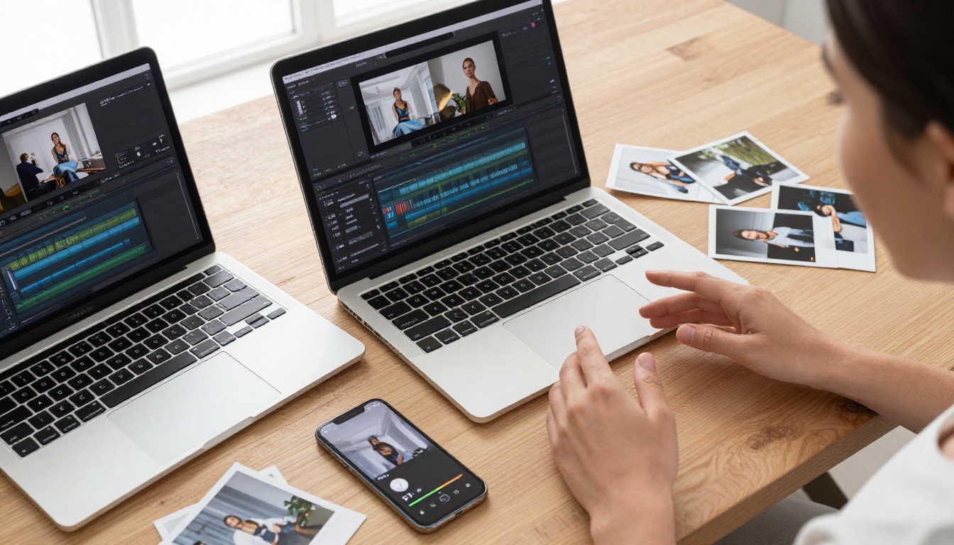 Creative workspace flat-lay with AI tools and photos