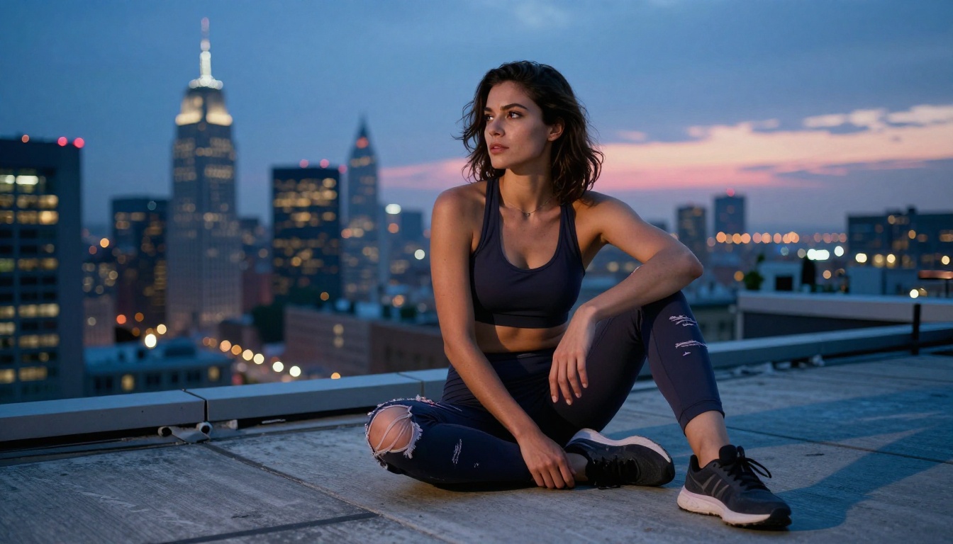 Woman on a city rooftop at blue hour