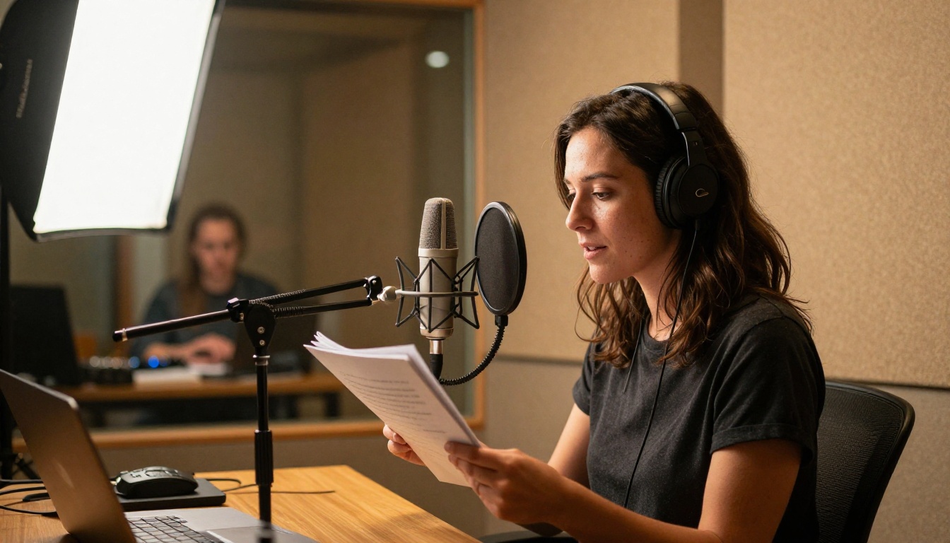 Female voice actress recording an audiobook in a modern vocal booth with sand-colored acoustic panels, holding a printed script