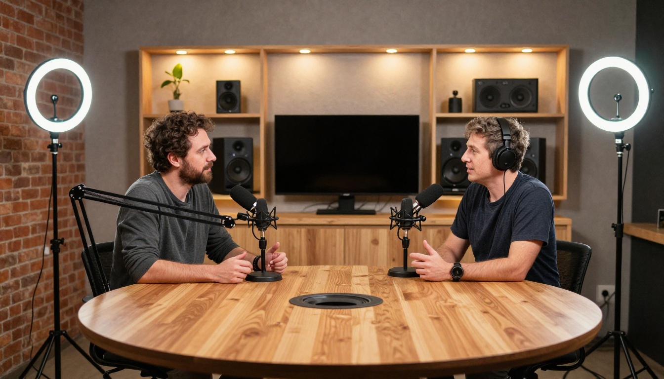 Professional two-host podcast studio with broadcast microphones on boom arms, exposed brick wall, and warm sconce lighting