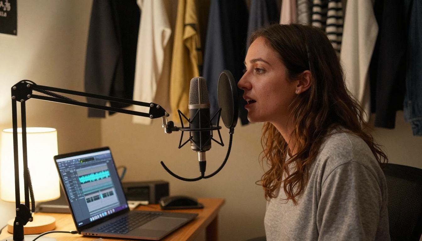 A voice-over artist recording in a DIY home closet studio using hanging clothes for acoustic dampening, with lamp light and a laptop showing waveforms