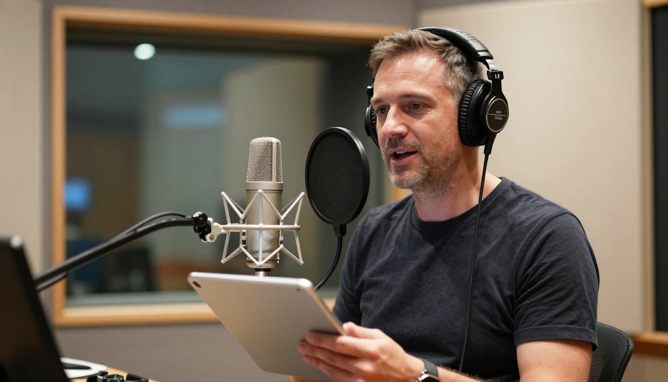 A man in his forties confidently recording corporate voice-over in a modern studio vocal booth holding a tablet, in polished nickel microphone setup