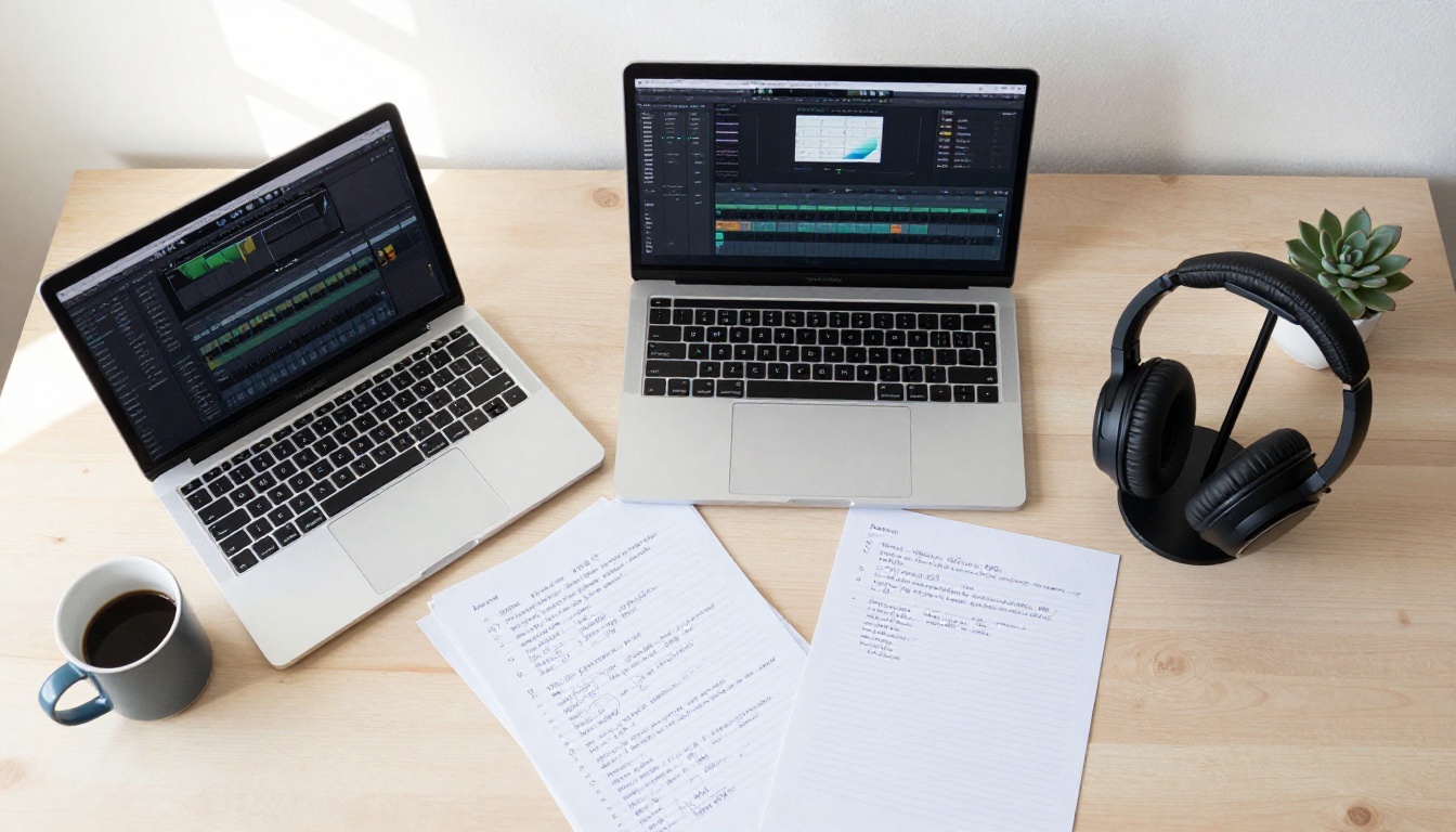 Aerial overhead flat-lay of a complete podcast production desk with MIDI keyboard, headphones, script papers with margin notes, and a coffee mug on birch wood