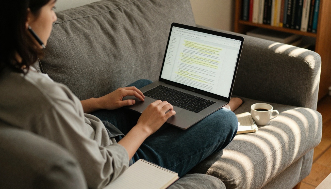 Person sitting cross-legged on a grey linen couch with a MacBook, reading a highlighted transcript document, spiral notebook beside them, afternoon light through venetian blinds