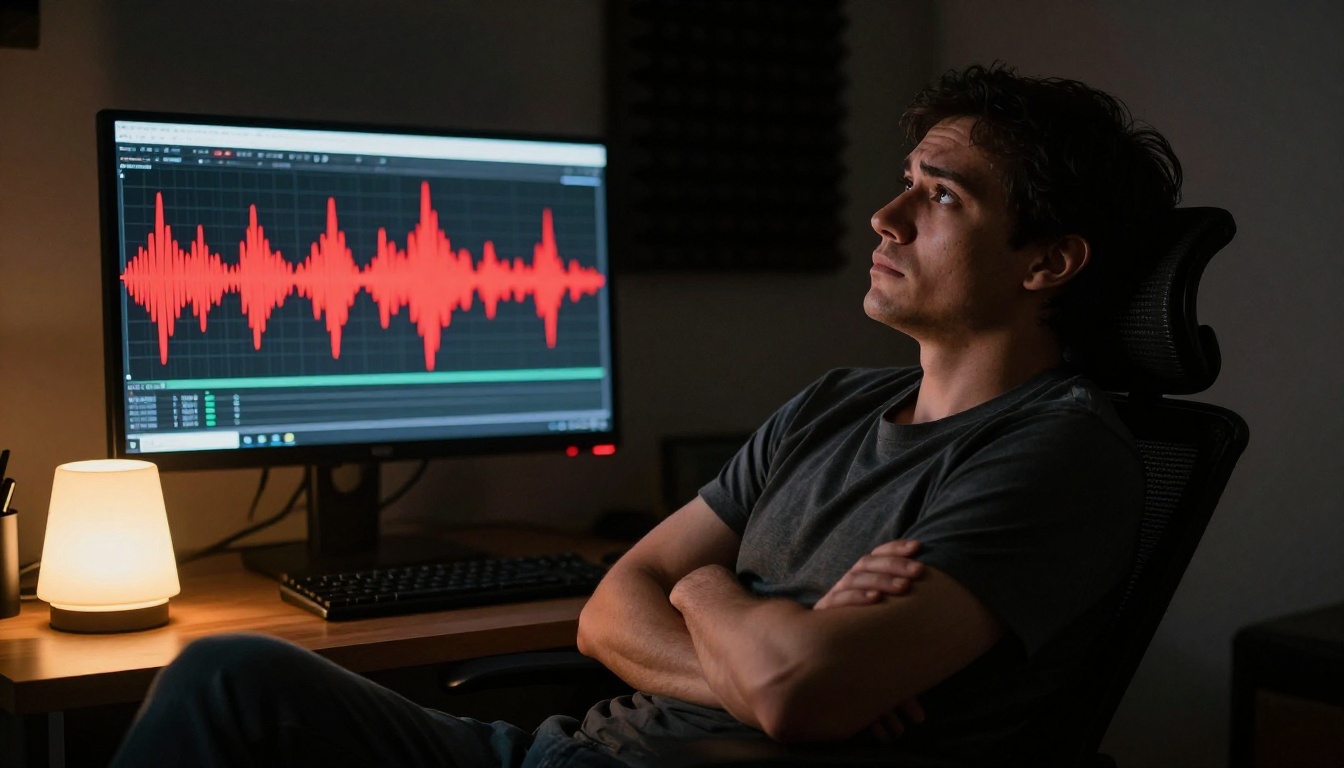 Frustrated podcaster leaning back in an ergonomic office chair with arms crossed, staring at a monitor showing red-clipped audio waveforms, single tungsten lamp casting dramatic shadows