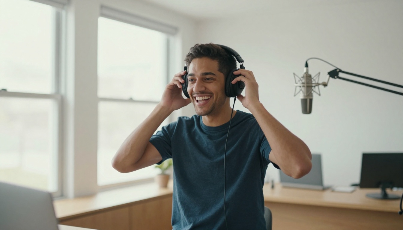 Enthusiastic male podcaster lifting large studio headphones off his ears with both hands and grinning widely, bright naturally lit modern studio with large windows
