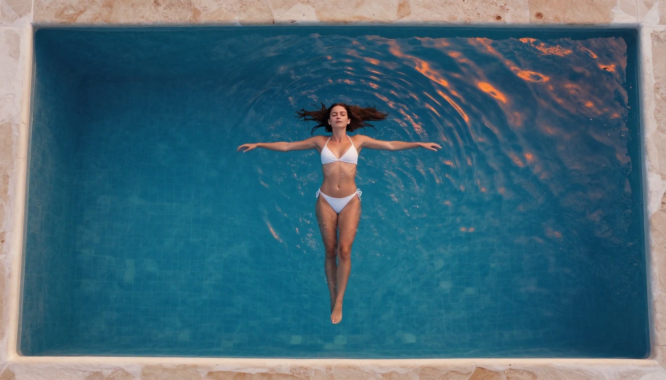 Woman floating in infinity pool at Santorini golden hour